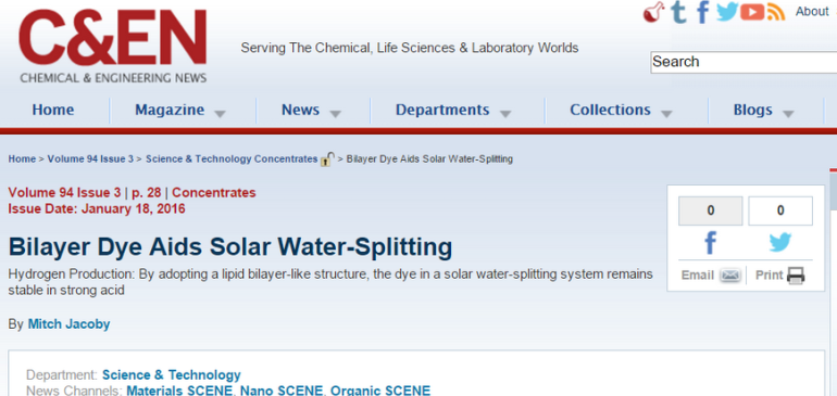 Bilayer Dye Aids Solar Water-Splitting﻿, Kevin’s paper is cited by C&EN